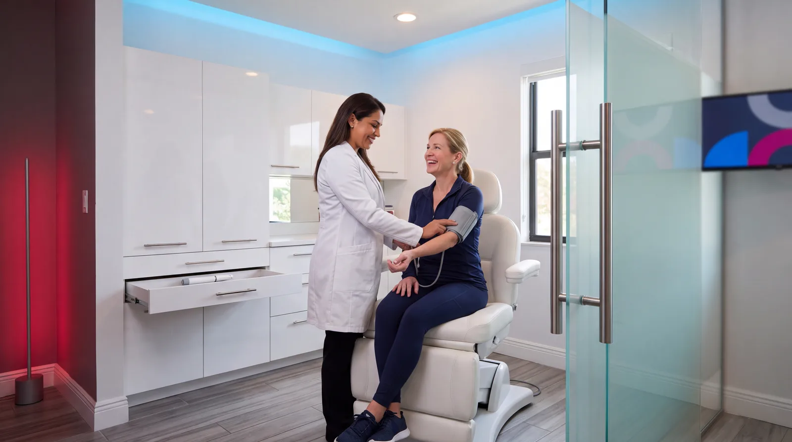 Clinician checks a seated patient's pulse and blood pressure in a bright Miami clinic exam room