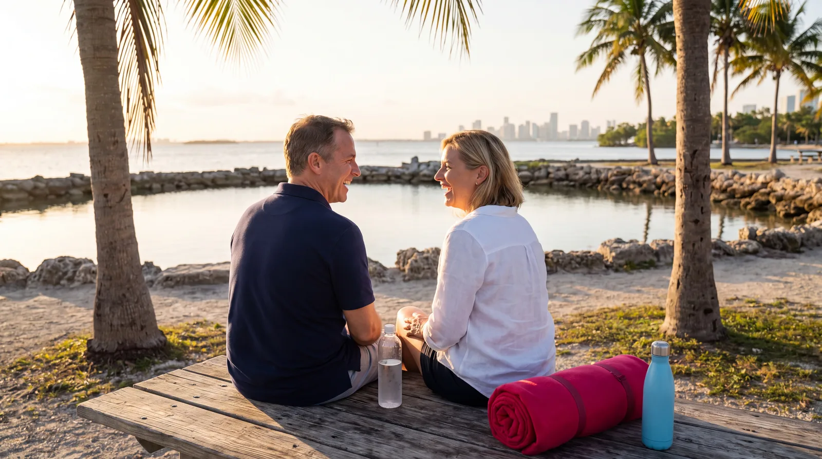 Couple in their fifties laughing on a waterfront bench at Matheson Hammock Park
