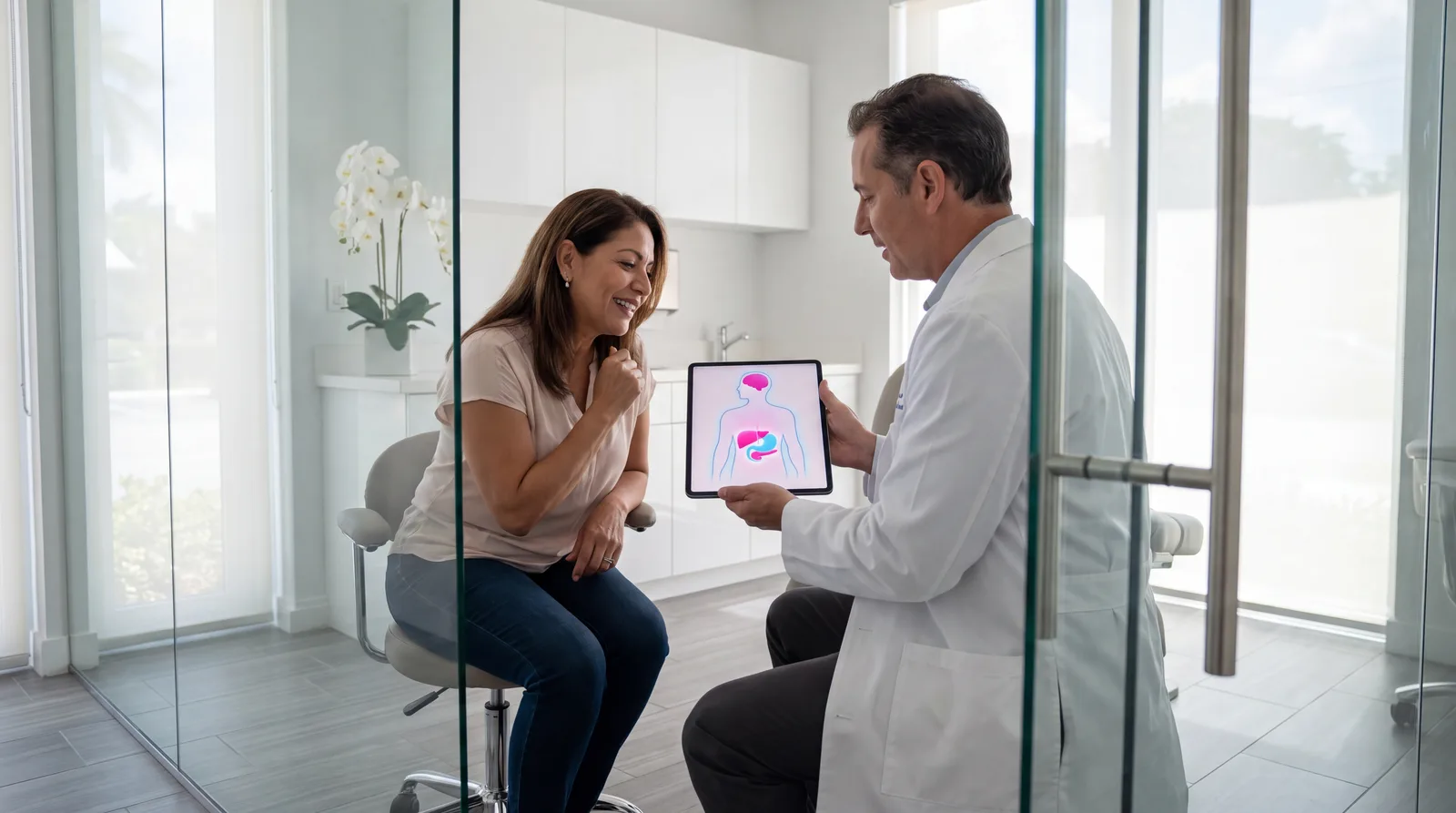 Physician showing a patient a simple gut and brain pathway diagram on a tablet
