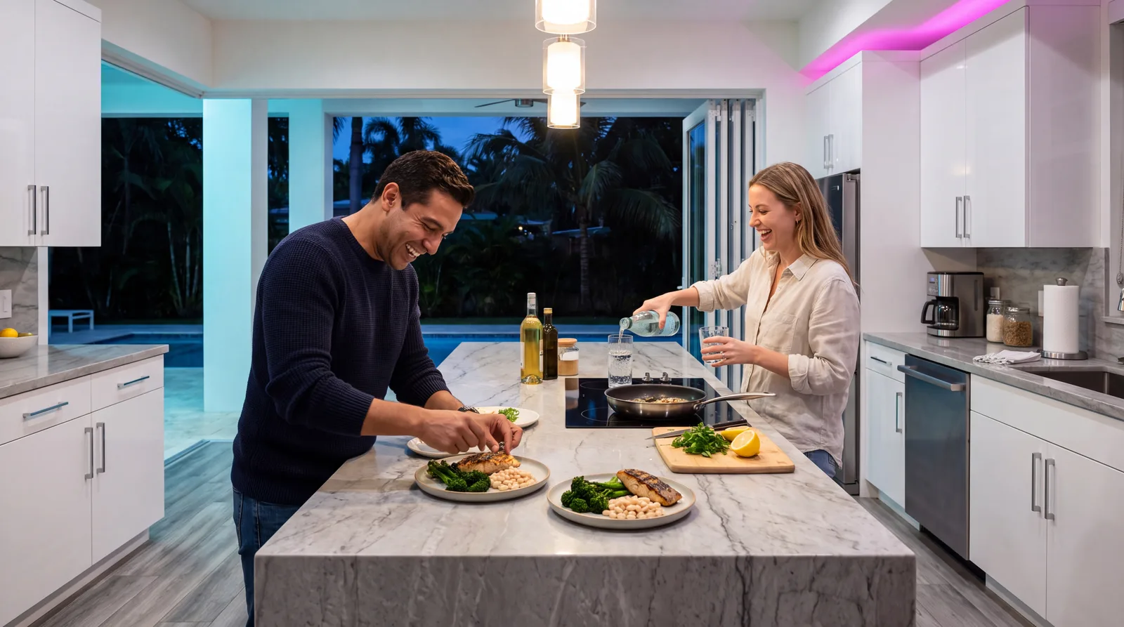 Couple plating a small protein-forward meal at a stone kitchen island in a Miami home