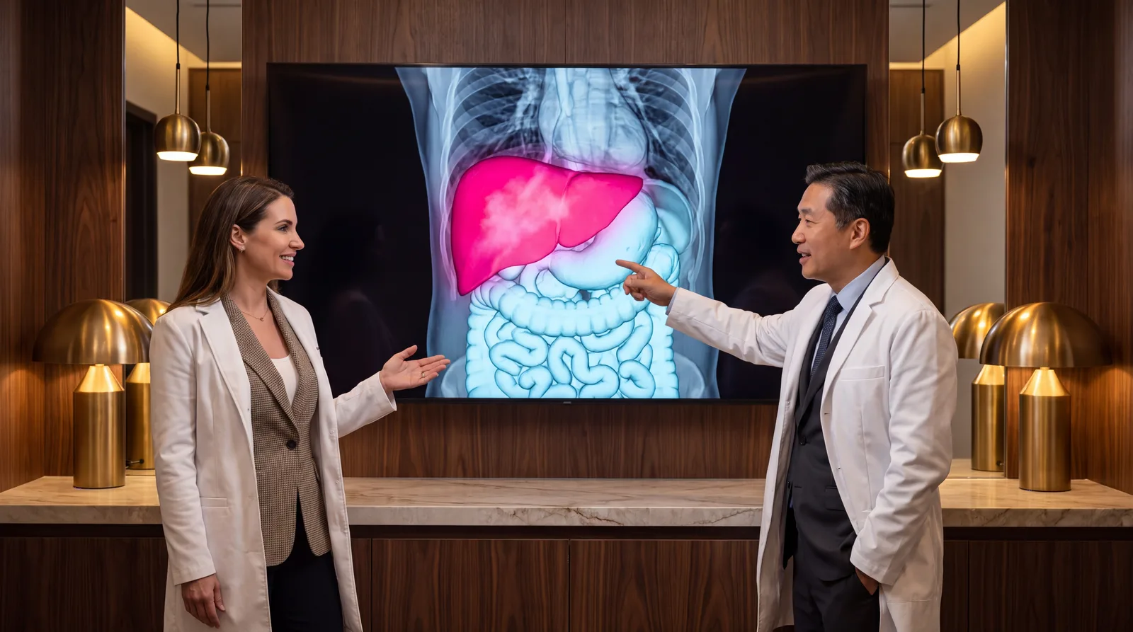 Two clinicians study a volumetric torso render with the liver highlighted on a large wall display