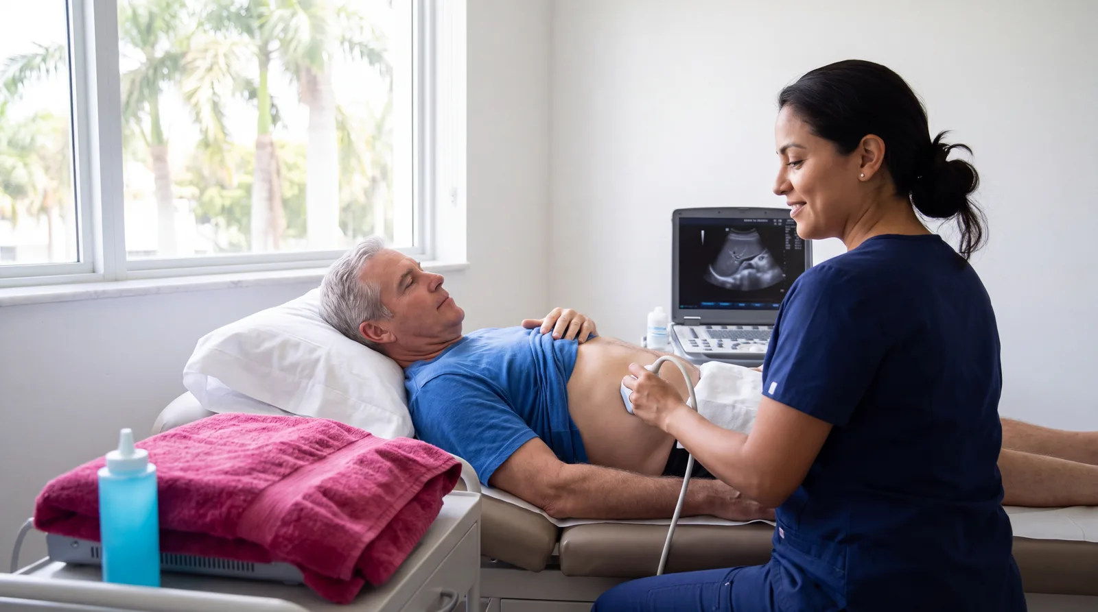 Clinician scanning a man's liver with ultrasound in a bright clinic room