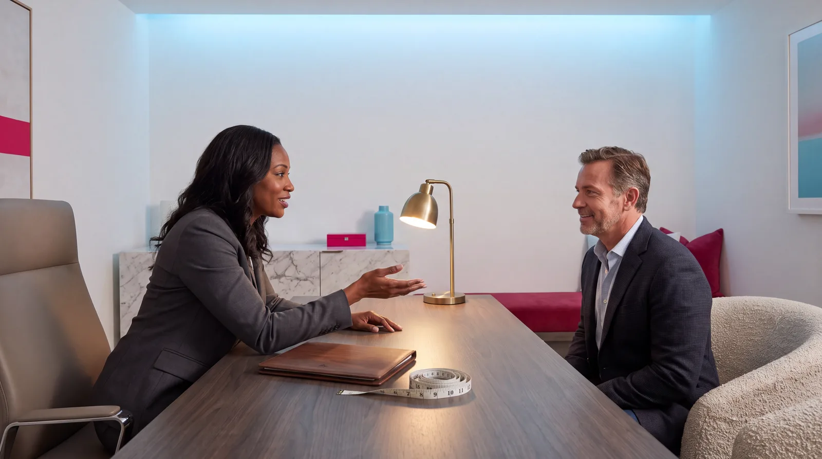 Physician and patient talking across a walnut desk