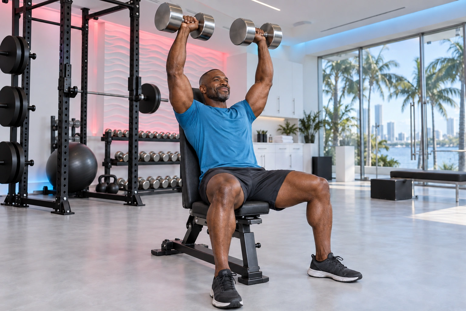 A muscular Black man in a blue shirt and charcoal shorts presses two silver dumbbells overhead while seated on a black exercise bench, with both feet planted. A black training rack, white cabinetry and pink-lit relief wall sit behind him; blue ceiling lighting and full-height glass frame palms, water and a distant skyline.