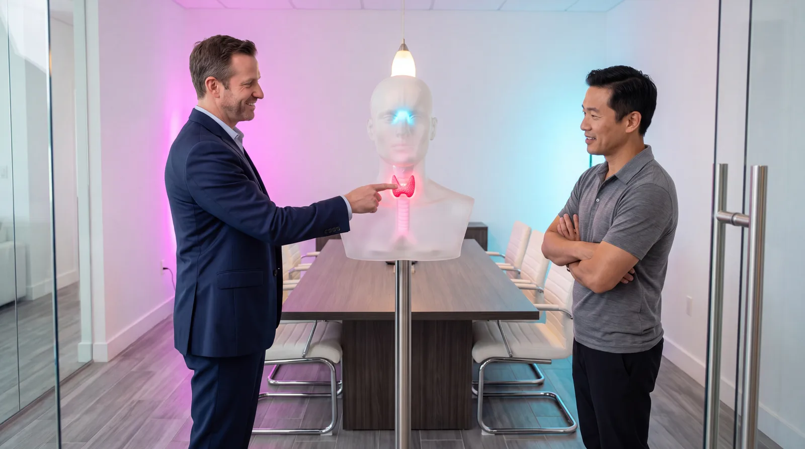 Clinician showing a patient a life-size backlit anatomical neck model with the thyroid gland glowing pink