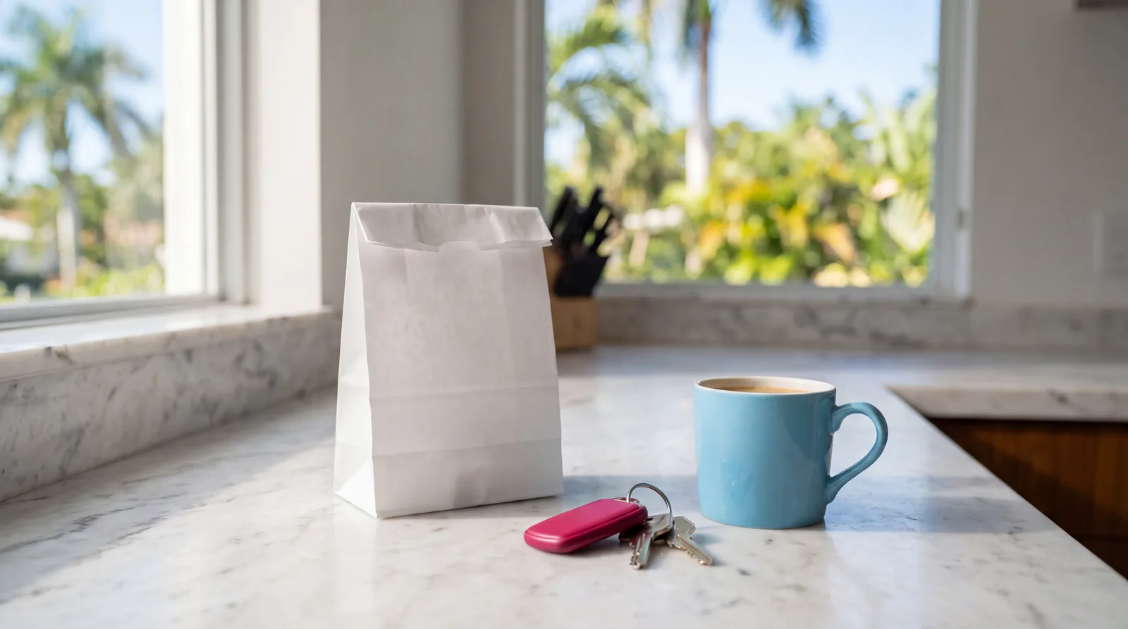 A plain white prescription bag on a kitchen counter beside car keys and a coffee