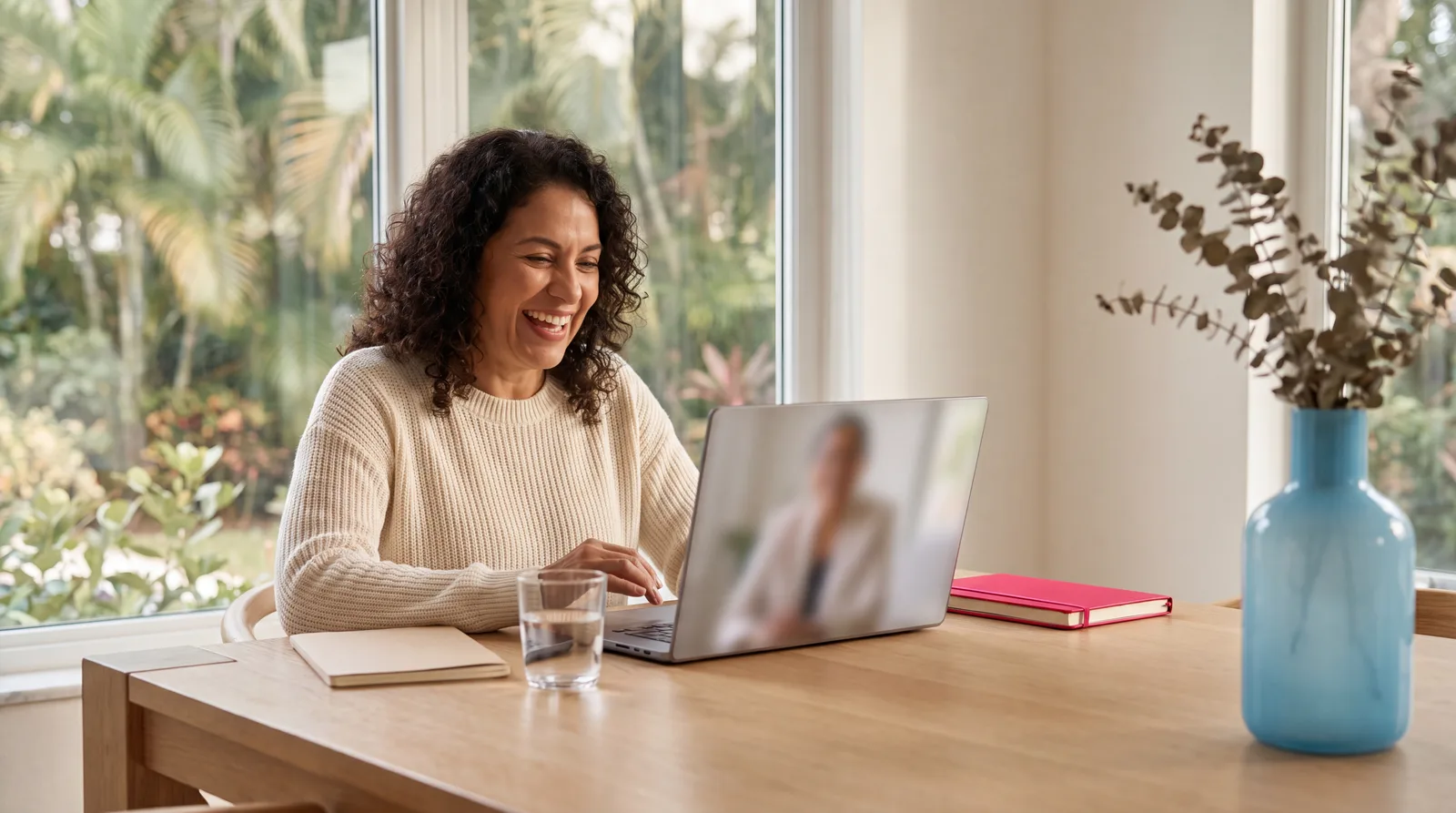 Woman on a telehealth video visit with a clinician from her dining table