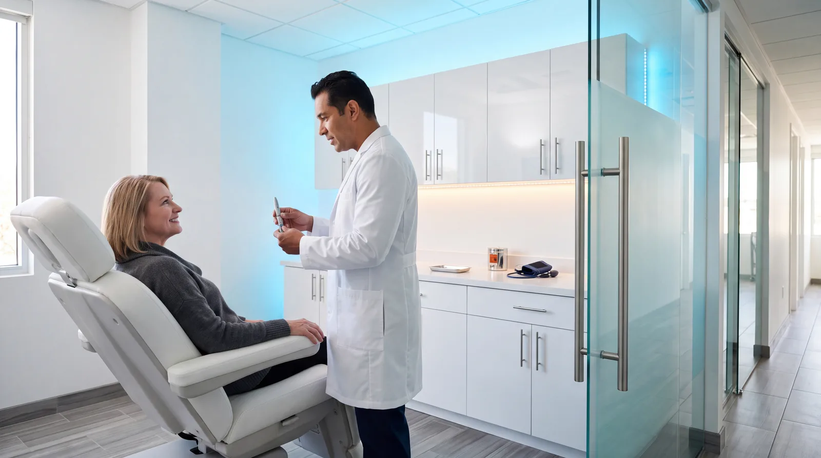 Nurse practitioner demonstrating a plain injection pen dial to a seated patient in a clinic exam room