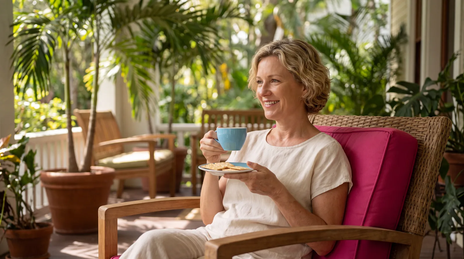 Woman in her fifties sipping ginger tea on a sunny porch