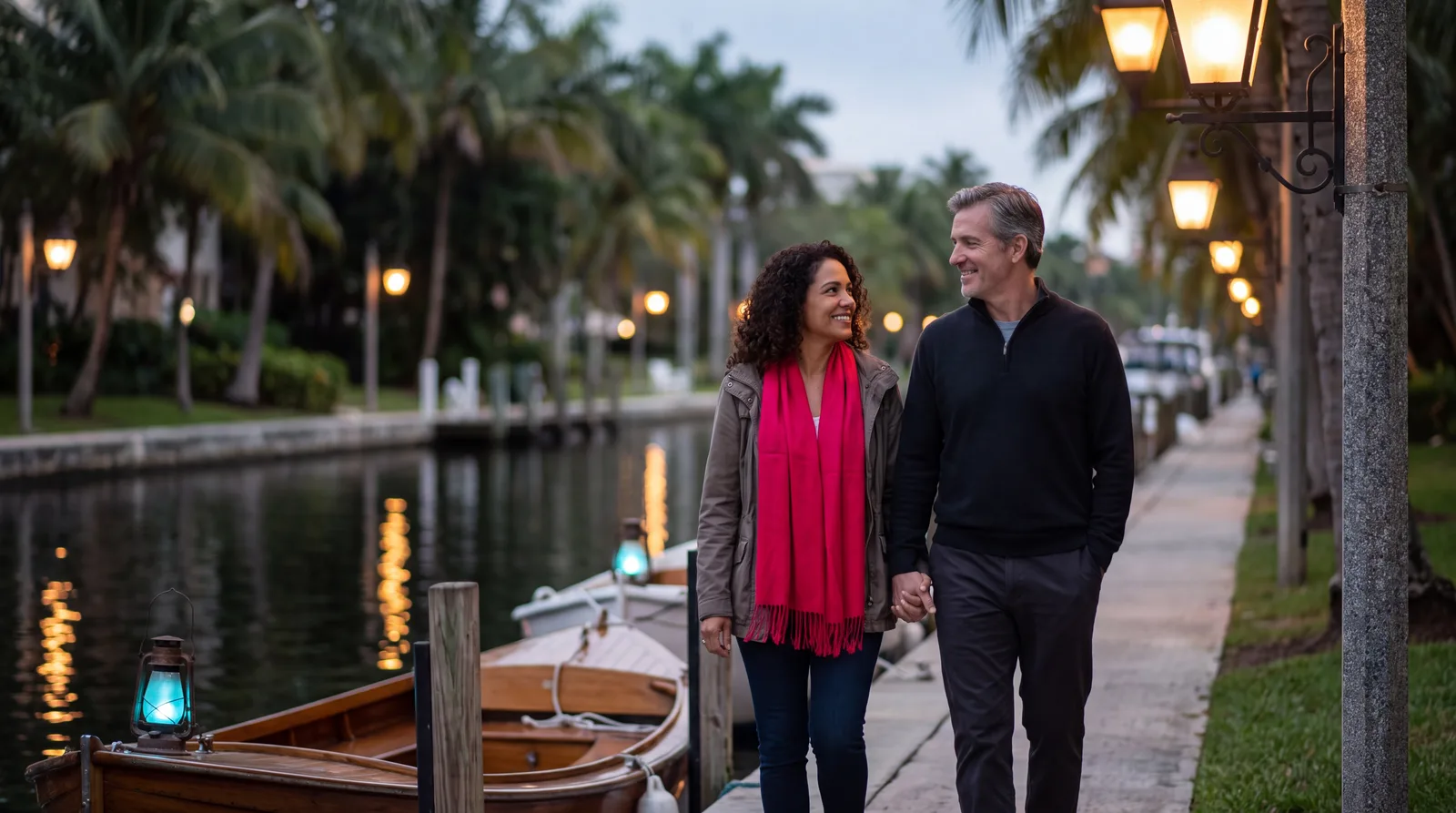 Couple in their fifties on an after-dinner walk along a Coral Gables canal