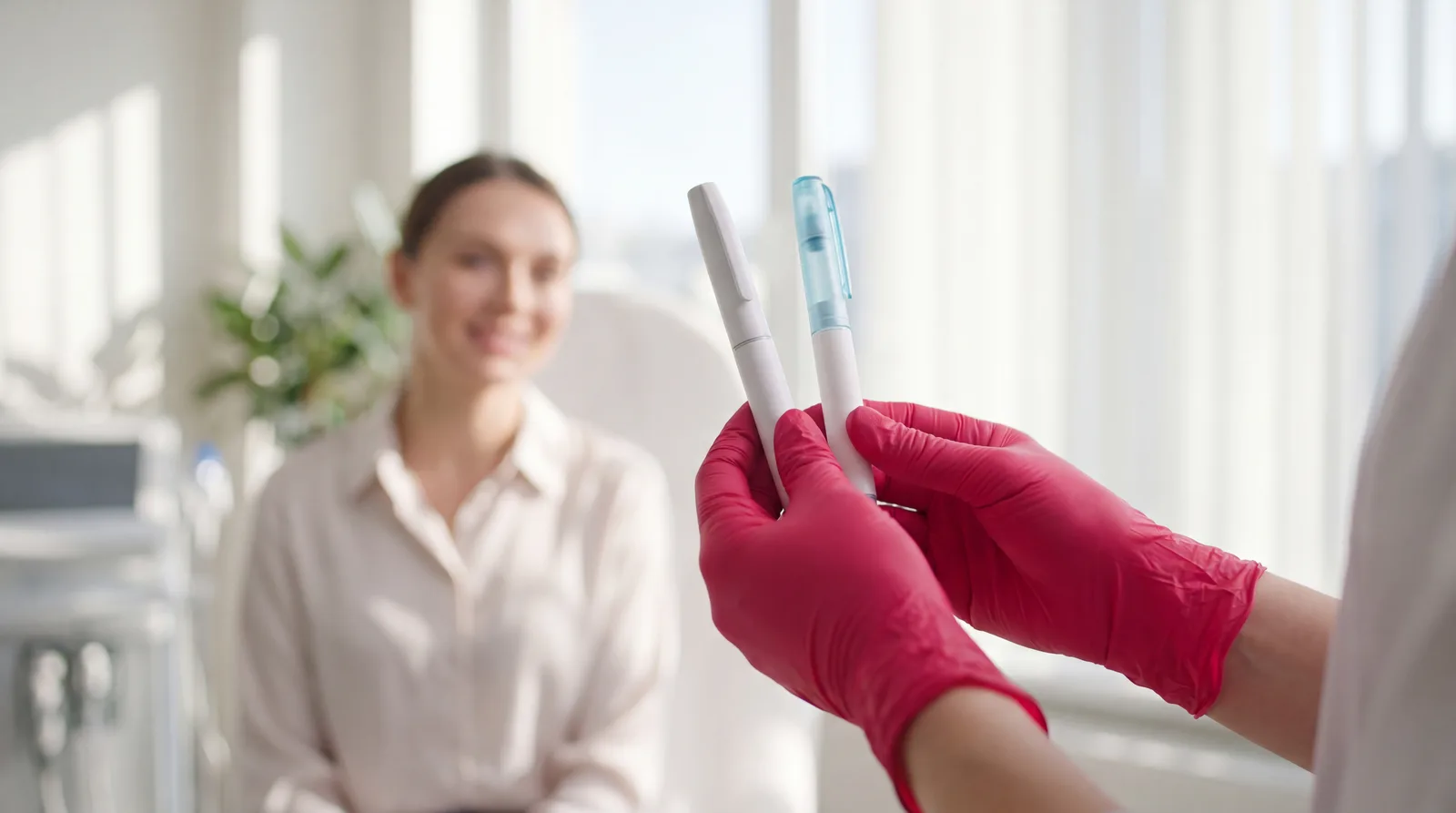 Clinician holding two plain injector pens side by side to compare them