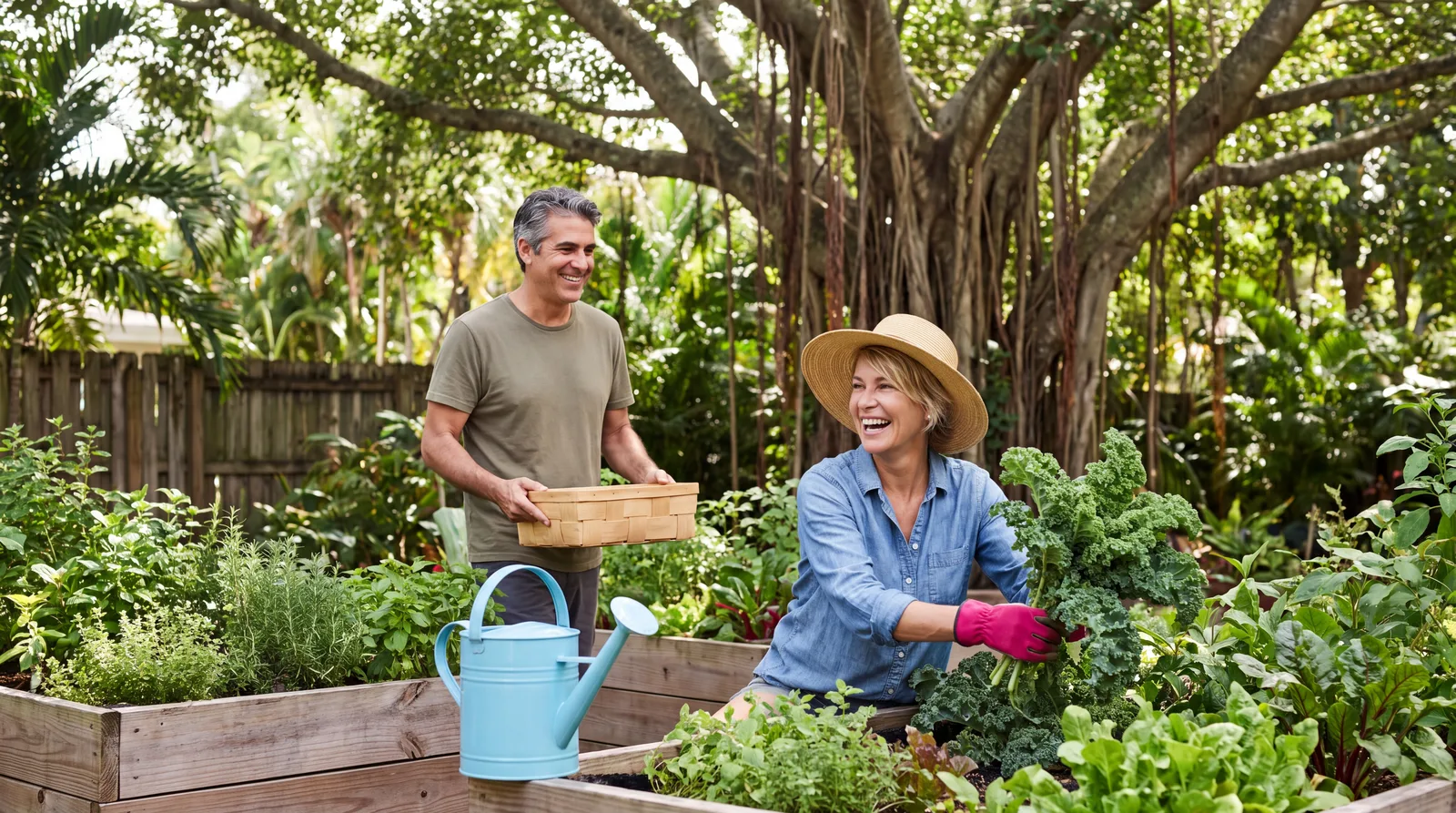 Woman in her fifties gardening with energy in her Coconut Grove backyard