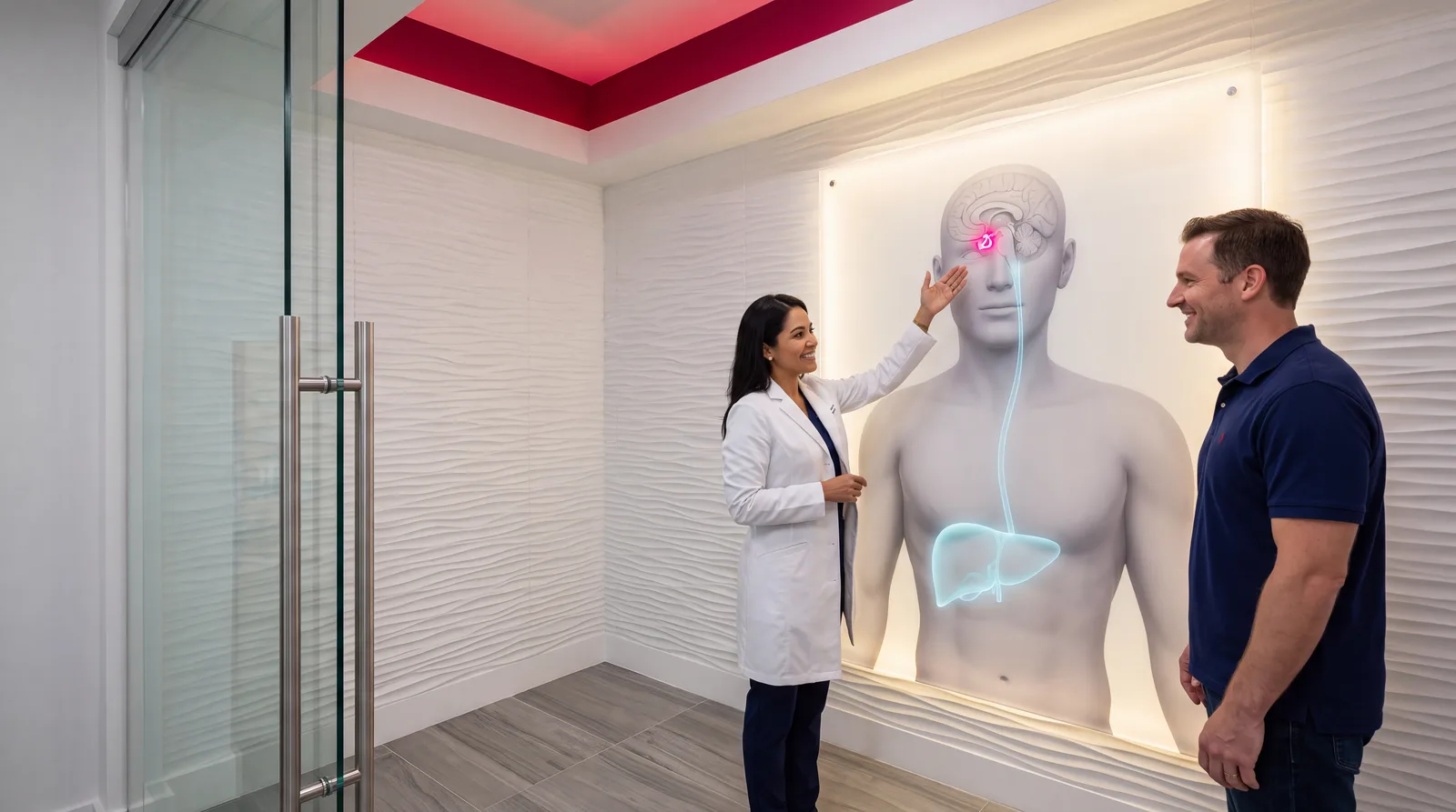 Clinician and patient beside a large backlit anatomical panel showing the brain, pituitary and liver