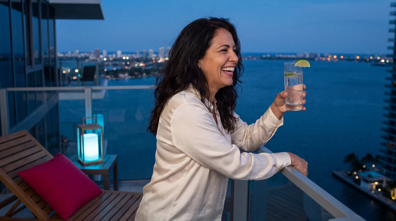 Woman in her fifties on a Miami balcony at blue hour with a sparkling water and lime