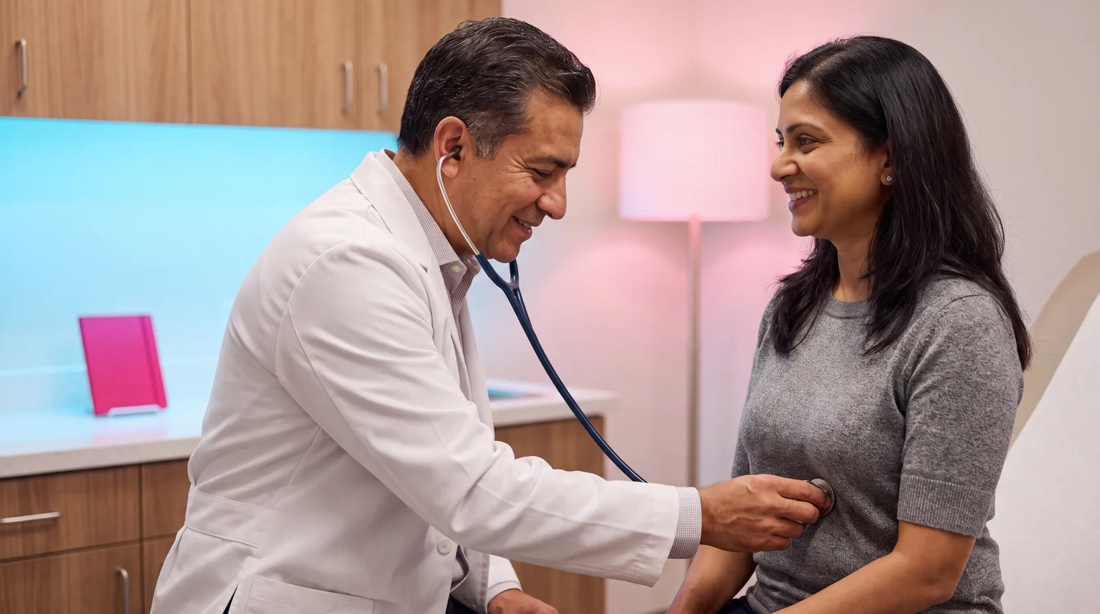 Doctor examining a seated patient in a bright white Rewind clinic exam room with cyan wall light