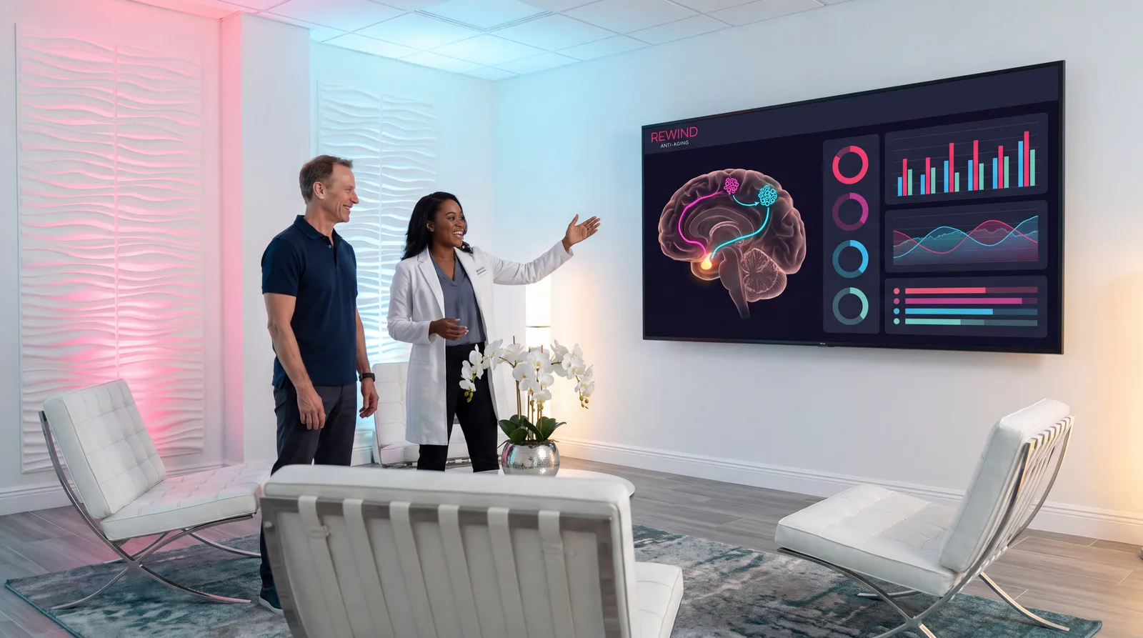 Clinician and patient at a wall monitor showing a pituitary render with two converging signalling pathways