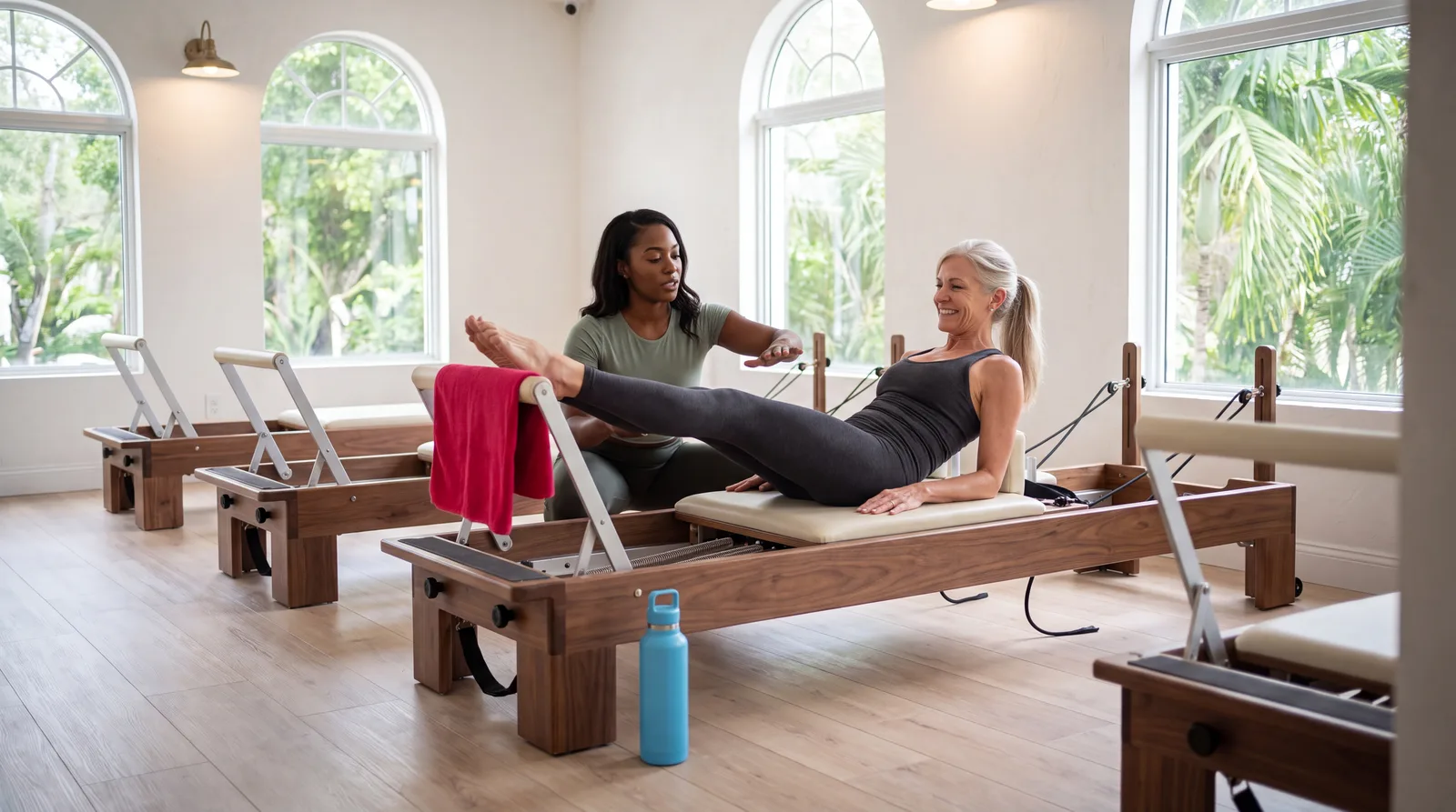 Fit woman in her fifties working on a Pilates reformer with an instructor in a bright Miami studio