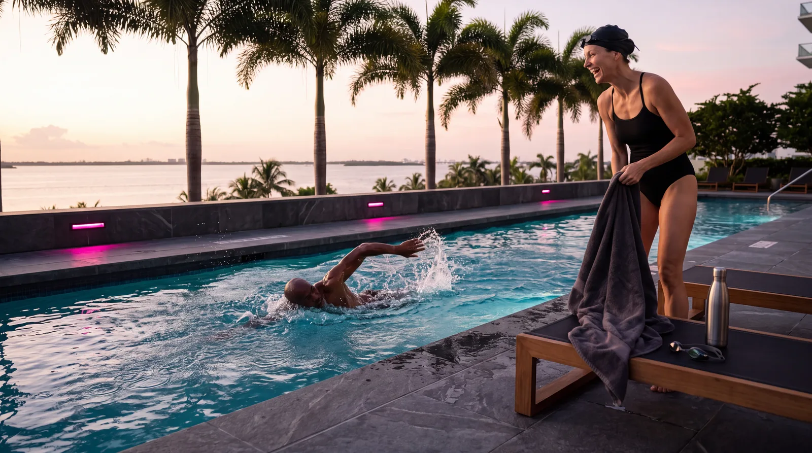 Two fit swimmers mid-lap at sunrise in a rooftop pool overlooking Biscayne Bay