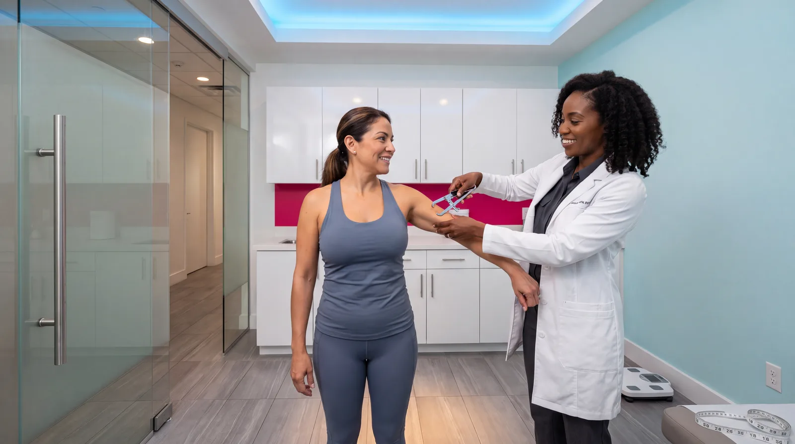 Clinician taking a skinfold caliper reading on a fit woman patient's arm in a bright white clinic exam room