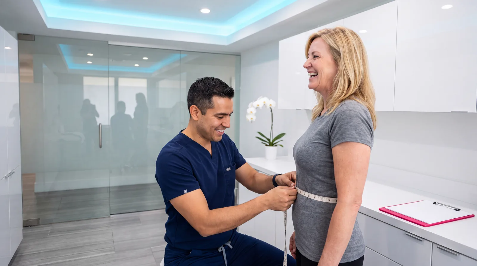 Clinician measuring a woman's waist during a sermorelin body-composition check