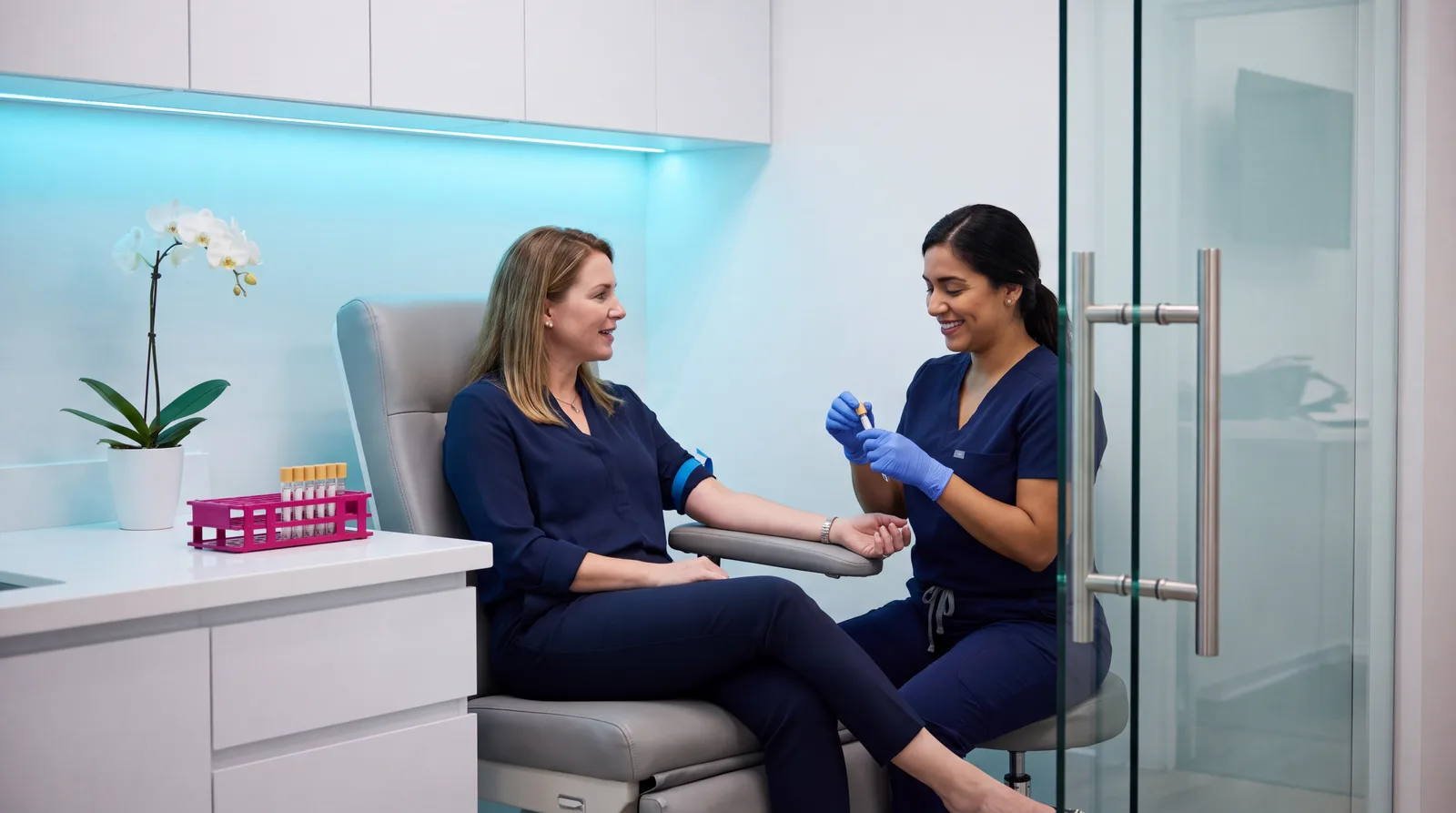 Woman in her fifties getting a routine monitoring blood draw at a Miami clinic
