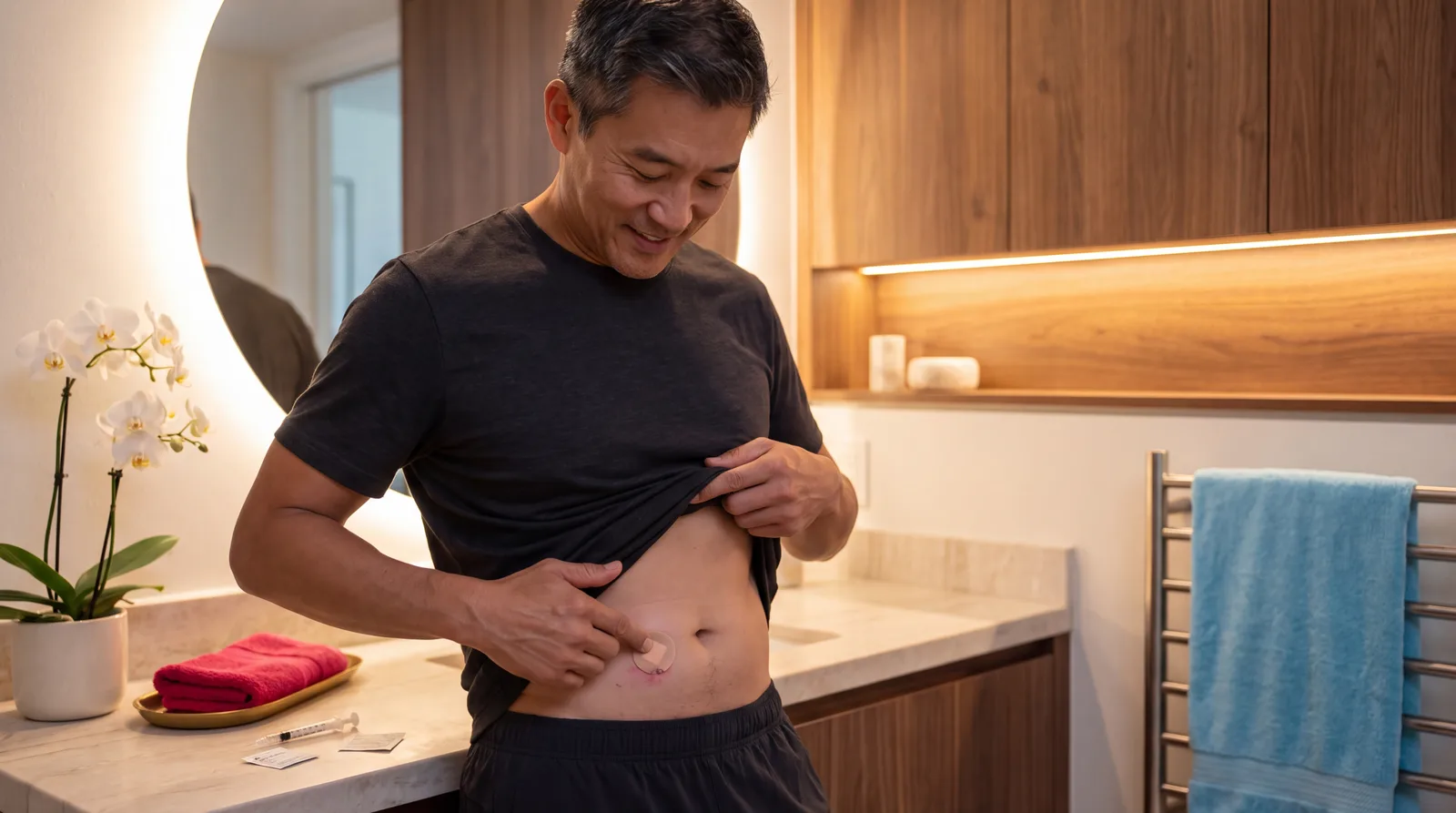 Man at his bathroom vanity pressing a small round bandage onto his abdominal injection site