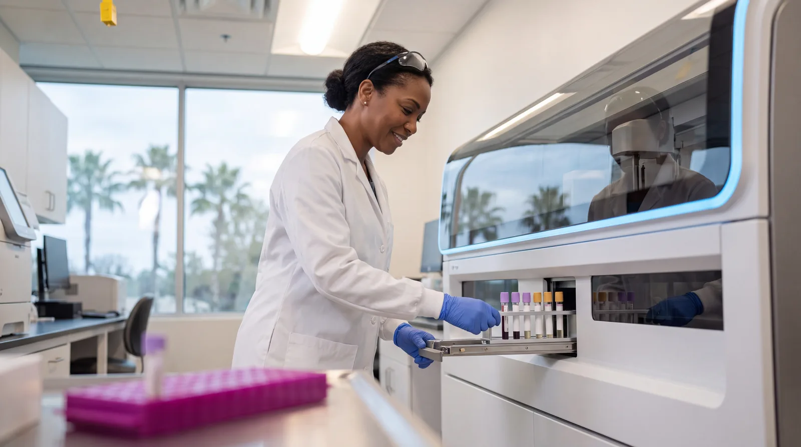 Lab technician loading blood samples into a clinical analyser for routine IGF-1 monitoring