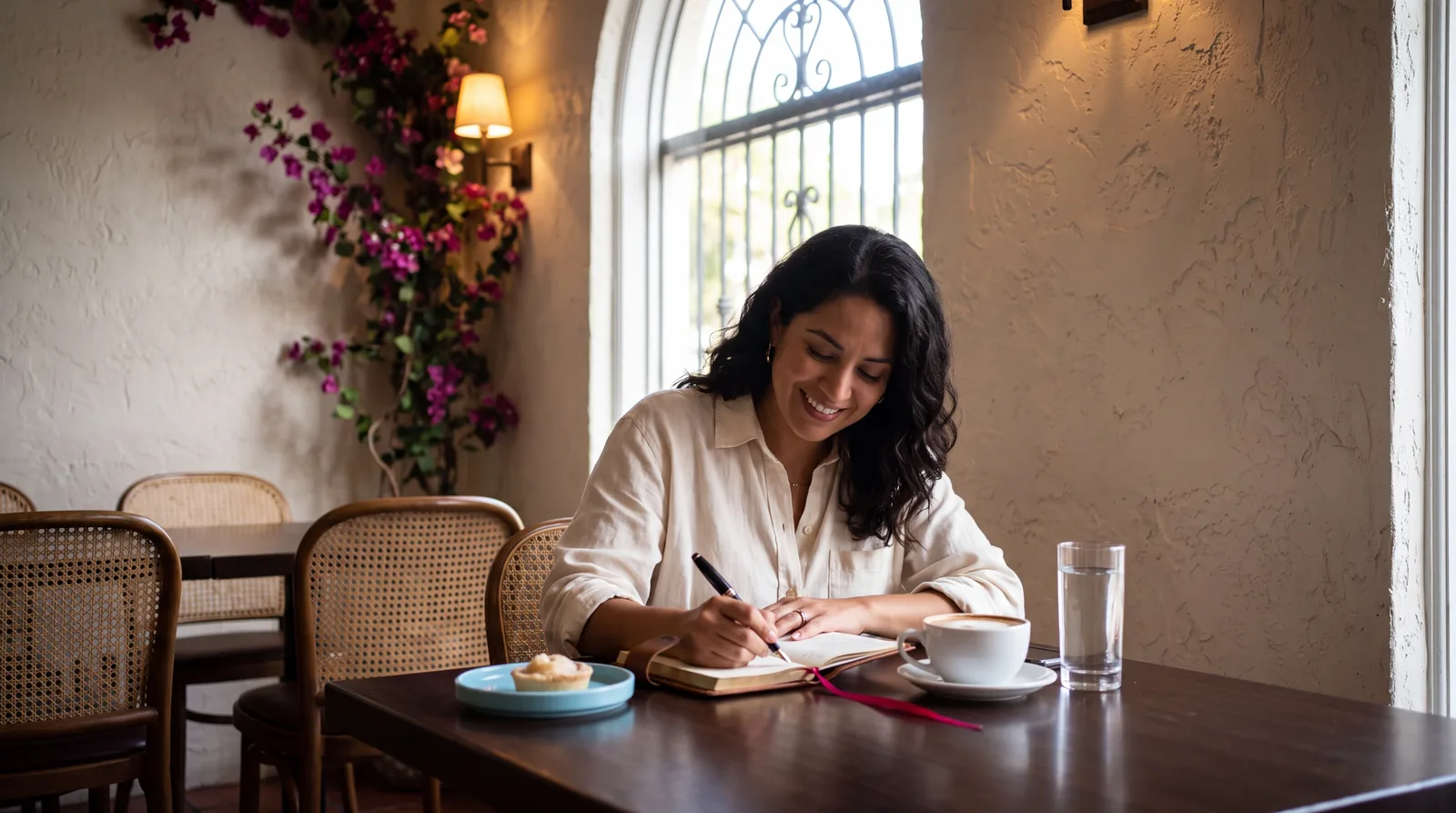 Woman at a café table noting her evening dose and how she slept in a leather notebook