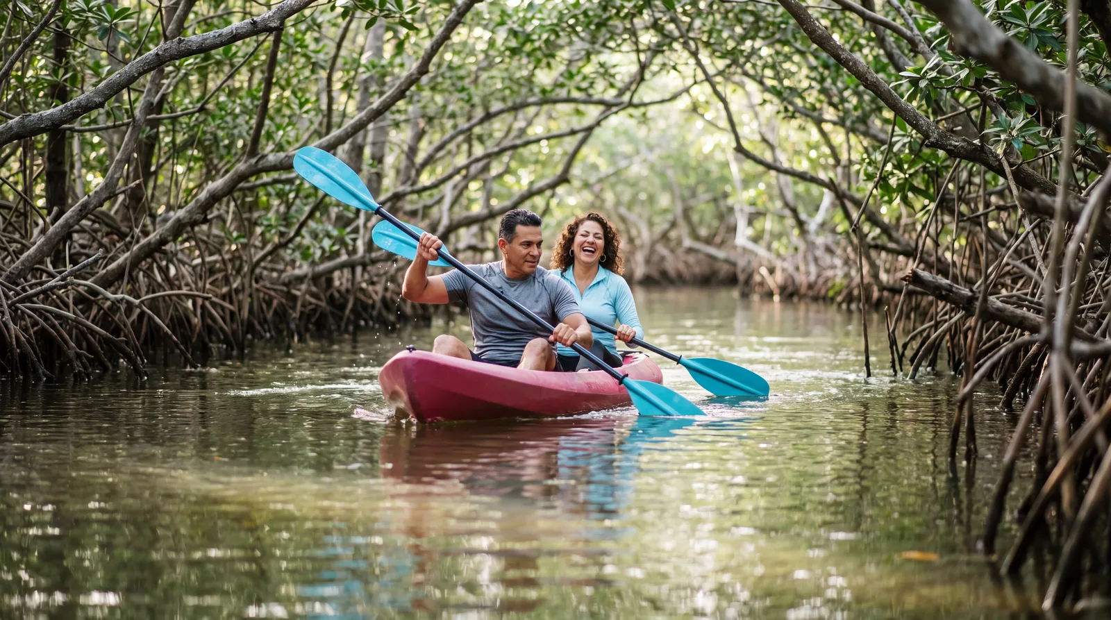 Couple in their fifties kayaking through the mangroves at Oleta River