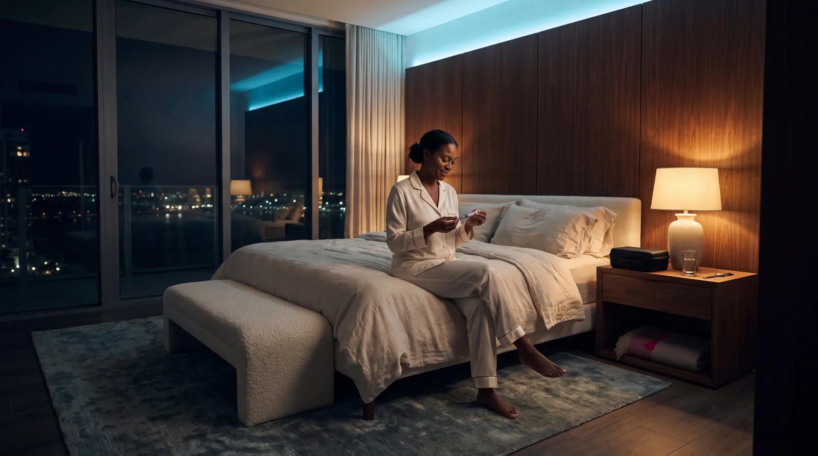 Woman at a bedside in a Miami high-rise at night preparing a small unlabelled injection pen