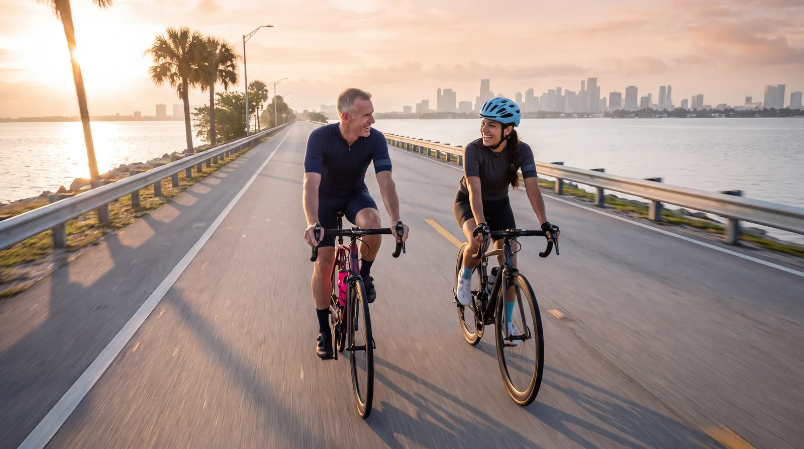 Fit couple in their fifties cycling across the Rickenbacker Causeway at sunrise