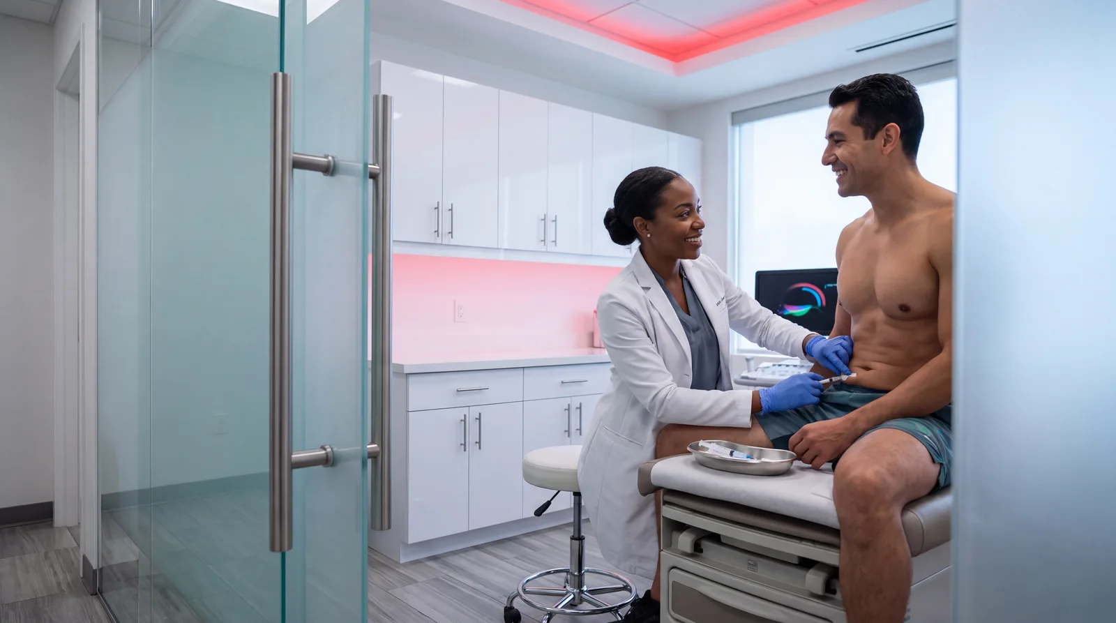 Clinician in a Miami exam room checking a patient's abdominal injection site as he sits on the table