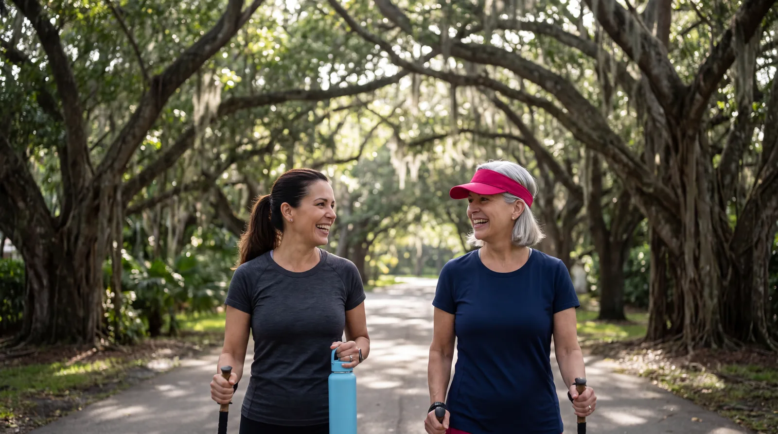 Two women in their fifties power-walking under banyan trees on Old Cutler Road