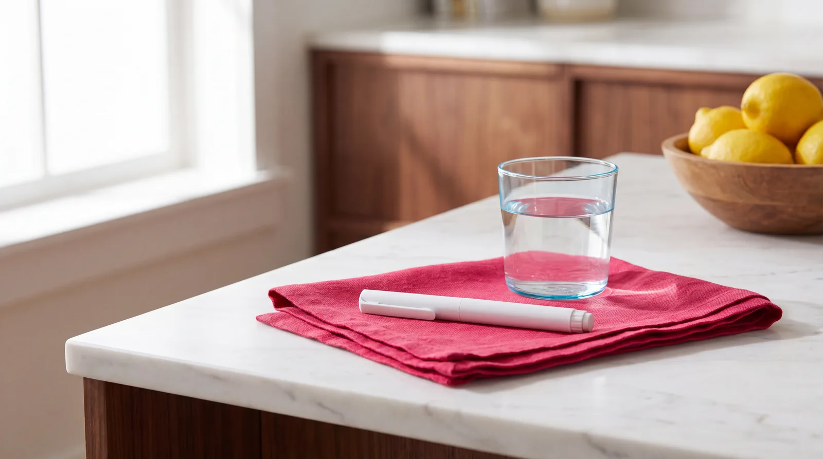 Weekly injector pen resting on a marble counter beside a glass of water