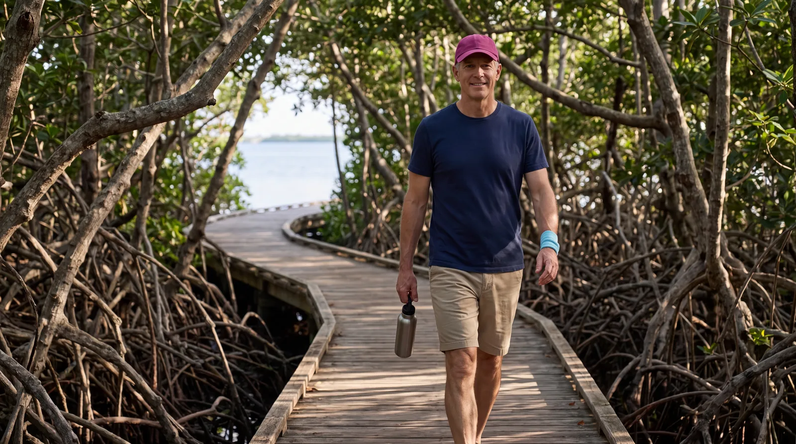 Man in his fifties on a brisk walk along the Deering Estate mangrove boardwalk