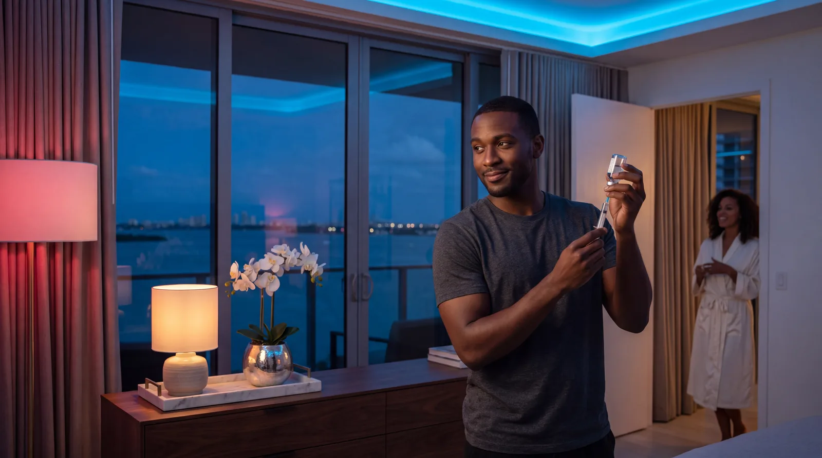 Man at a bedroom console at night preparing a small nightly subcutaneous injection, Miami skyline behind