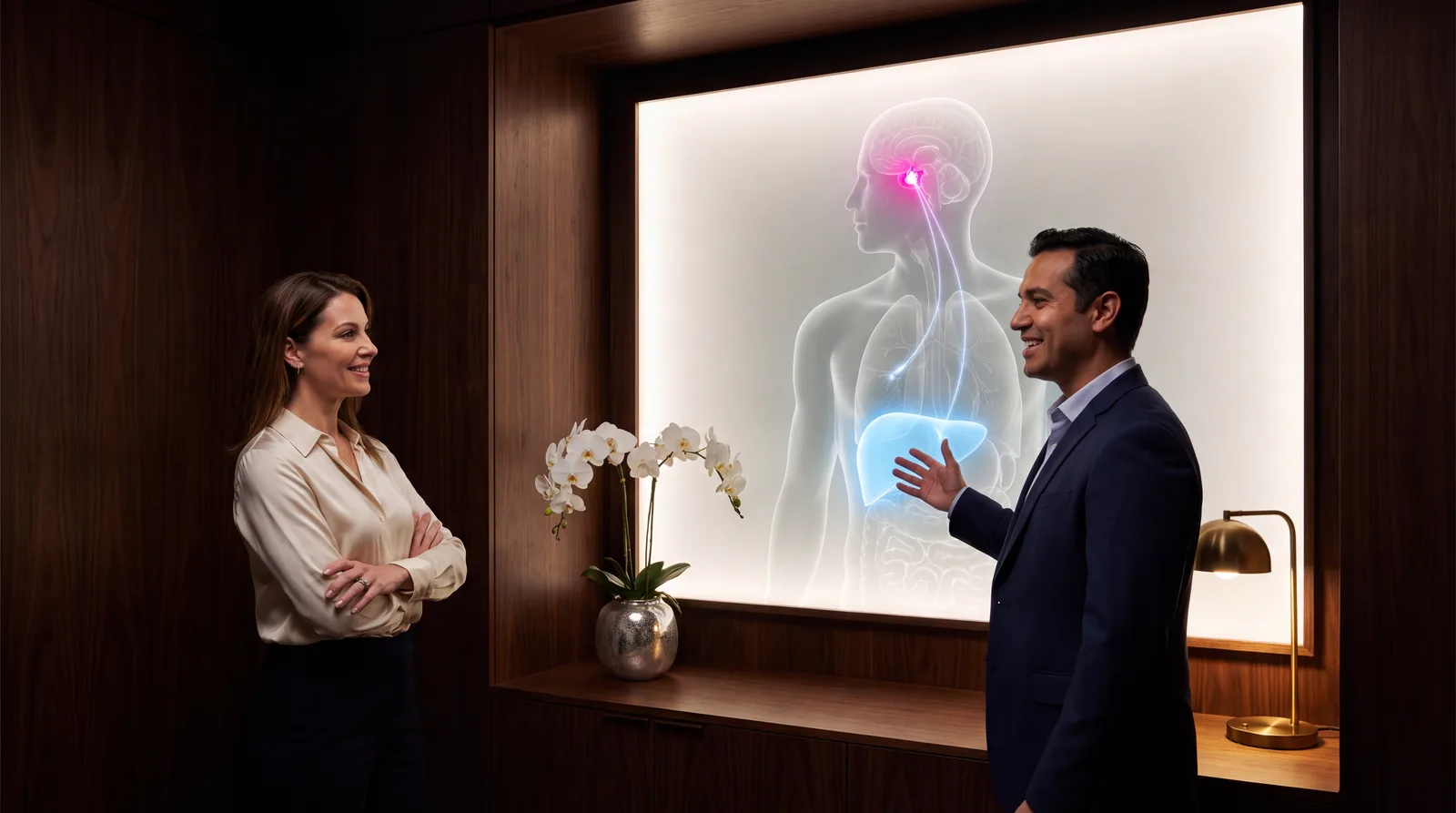Two clinicians discussing a large backlit anatomical panel with pituitary and liver glowing
