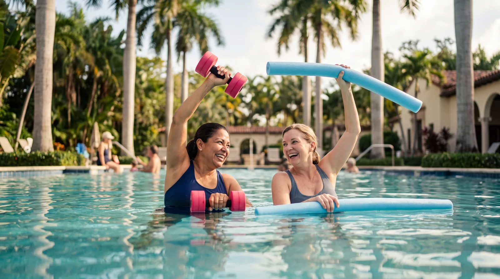 Women in their fifties in an outdoor aqua fitness class on a sunny morning