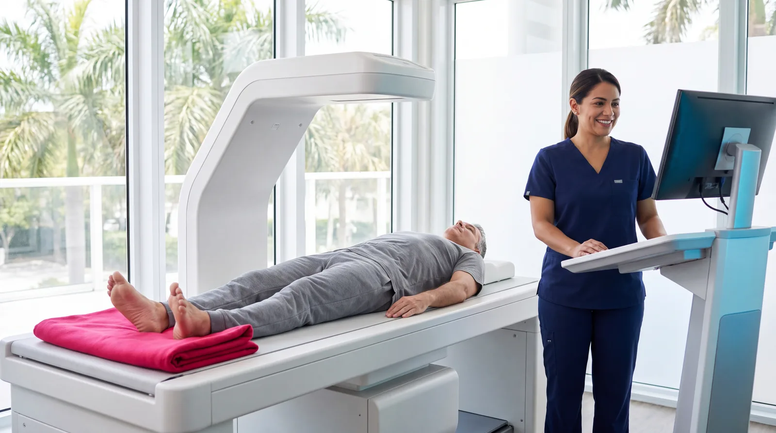 Man in his fifties lying on a body-composition scanner as a technologist starts the scan