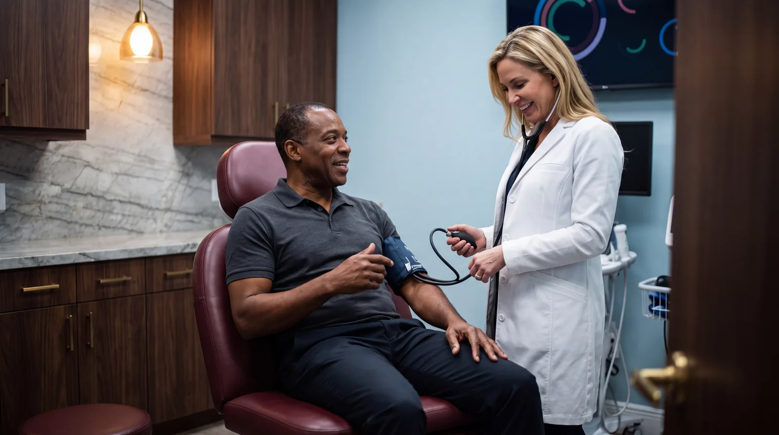 Physician assessing a seated male patient's blood pressure in a warm walnut-and-marble clinic exam room