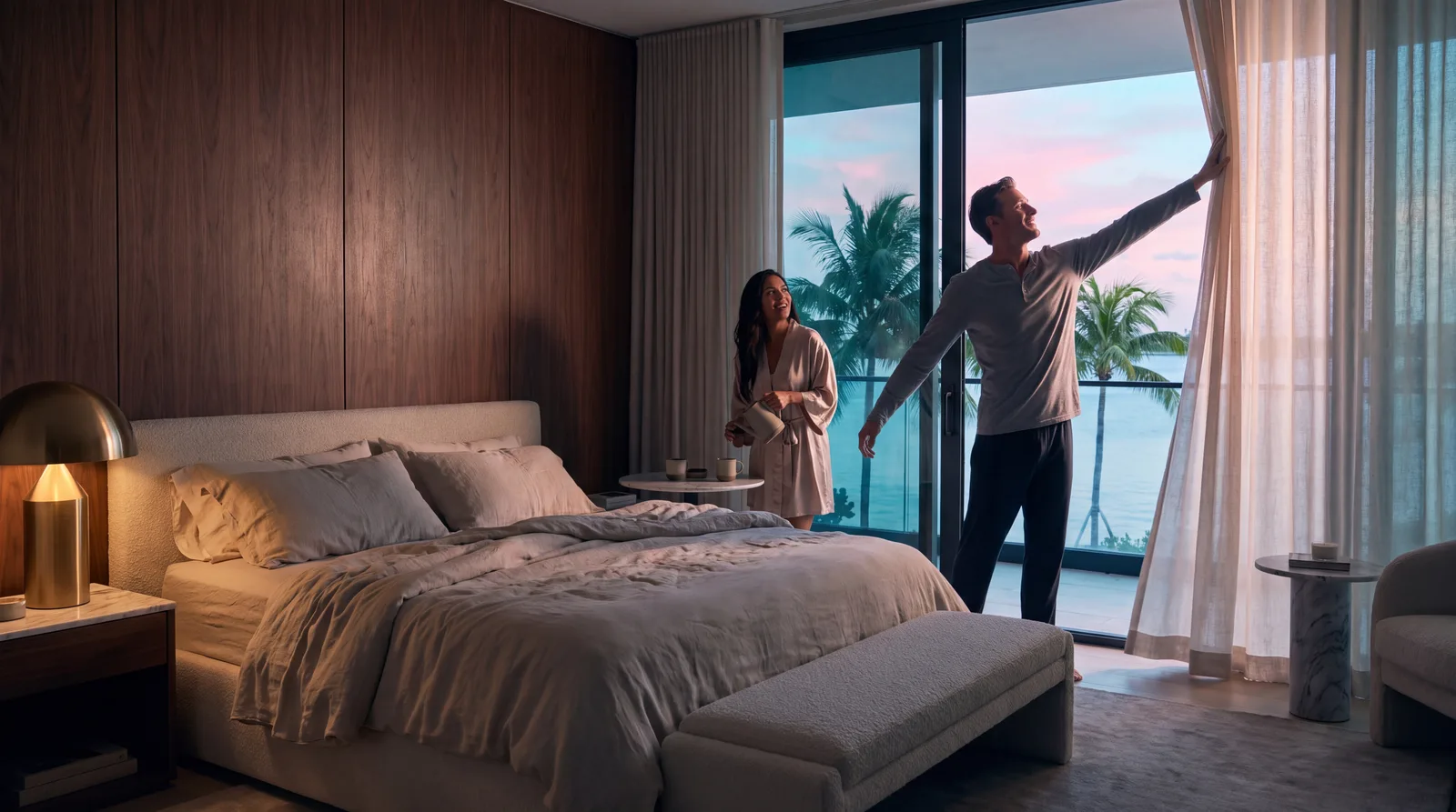 Man opening linen curtains at dawn in a luxurious Miami bedroom while his partner pours coffee