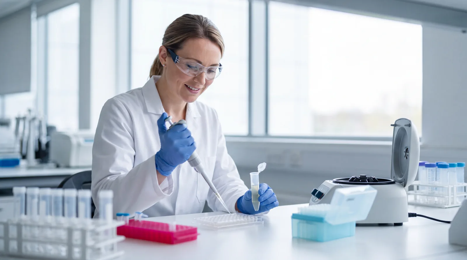 Lab technician pipetting serum samples in a hormone testing laboratory