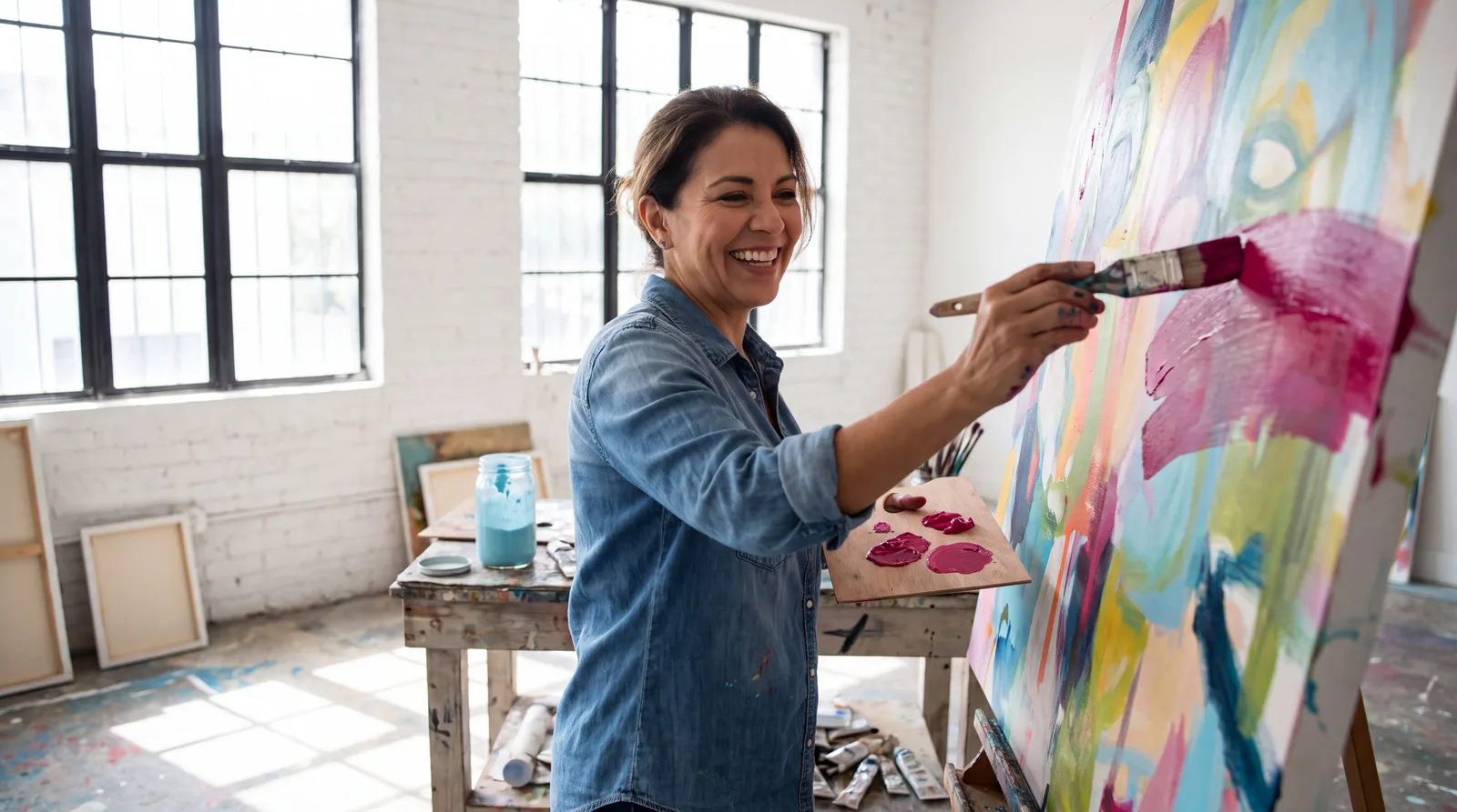 Woman in her fifties painting at an easel in a bright Wynwood studio