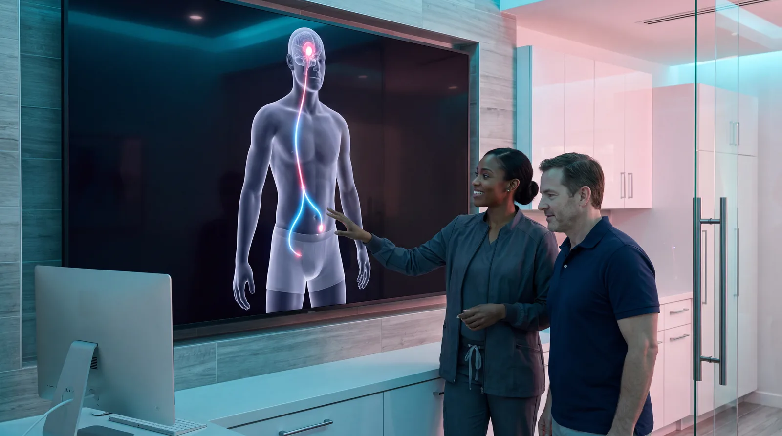 Clinician and patient studying a body render tracing the hormone signal from the brain
