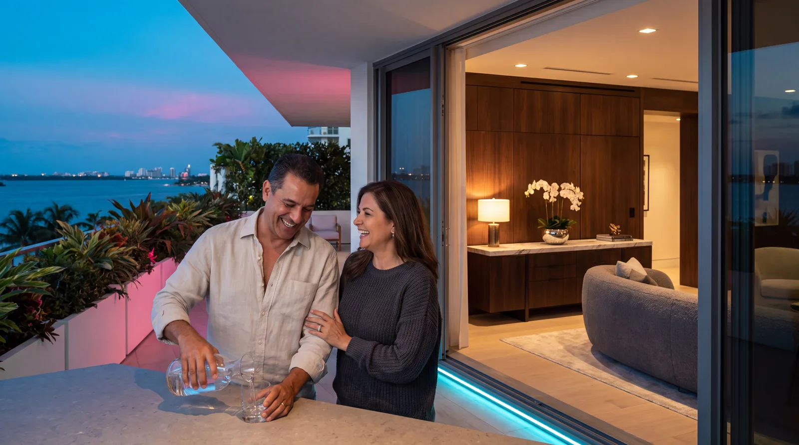 Couple in their early fifties laughing together over coffee on the terrace of an affluent Miami home