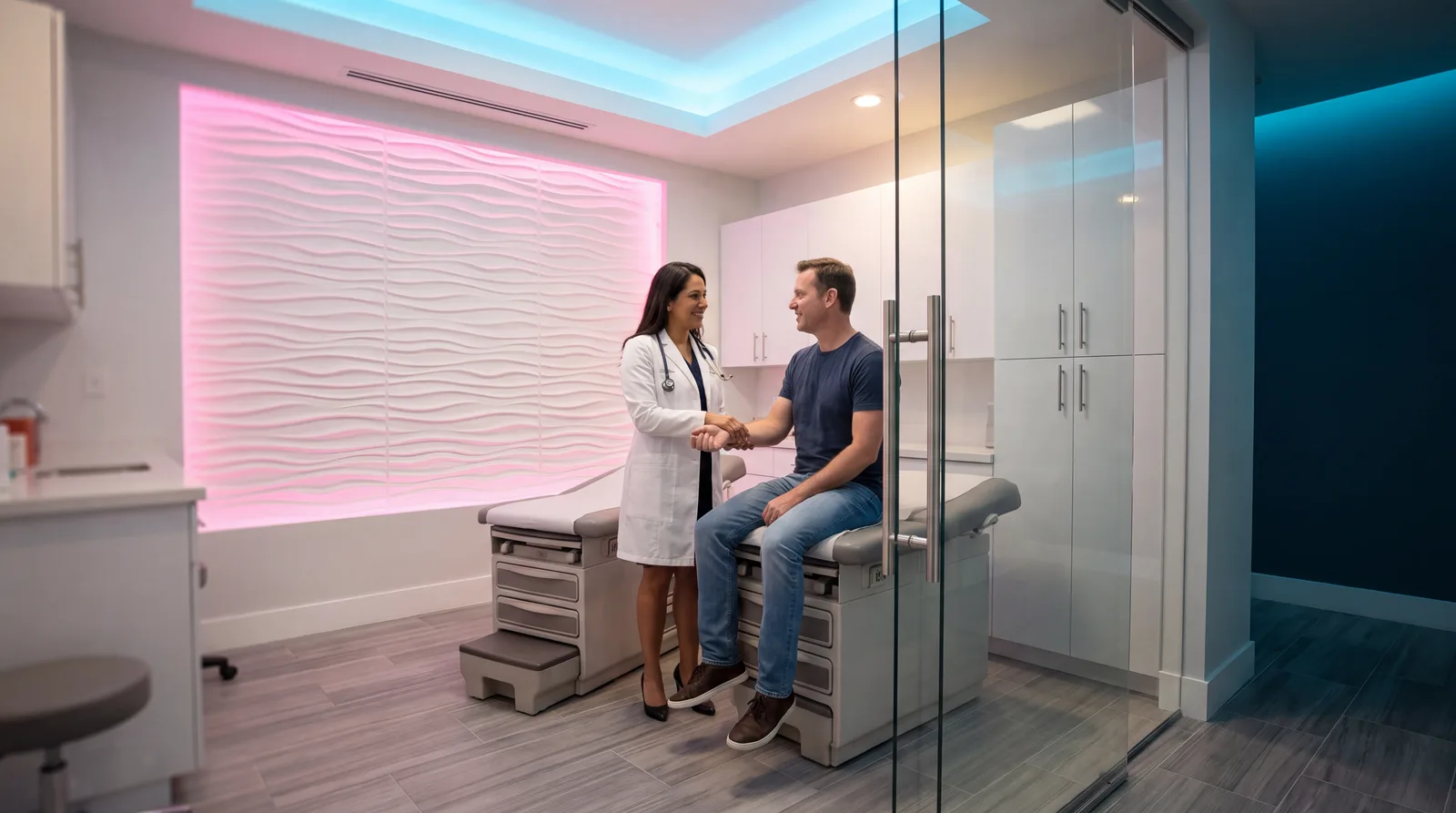 Clinician assessing a seated male patient in a glass-walled Miami clinic exam room