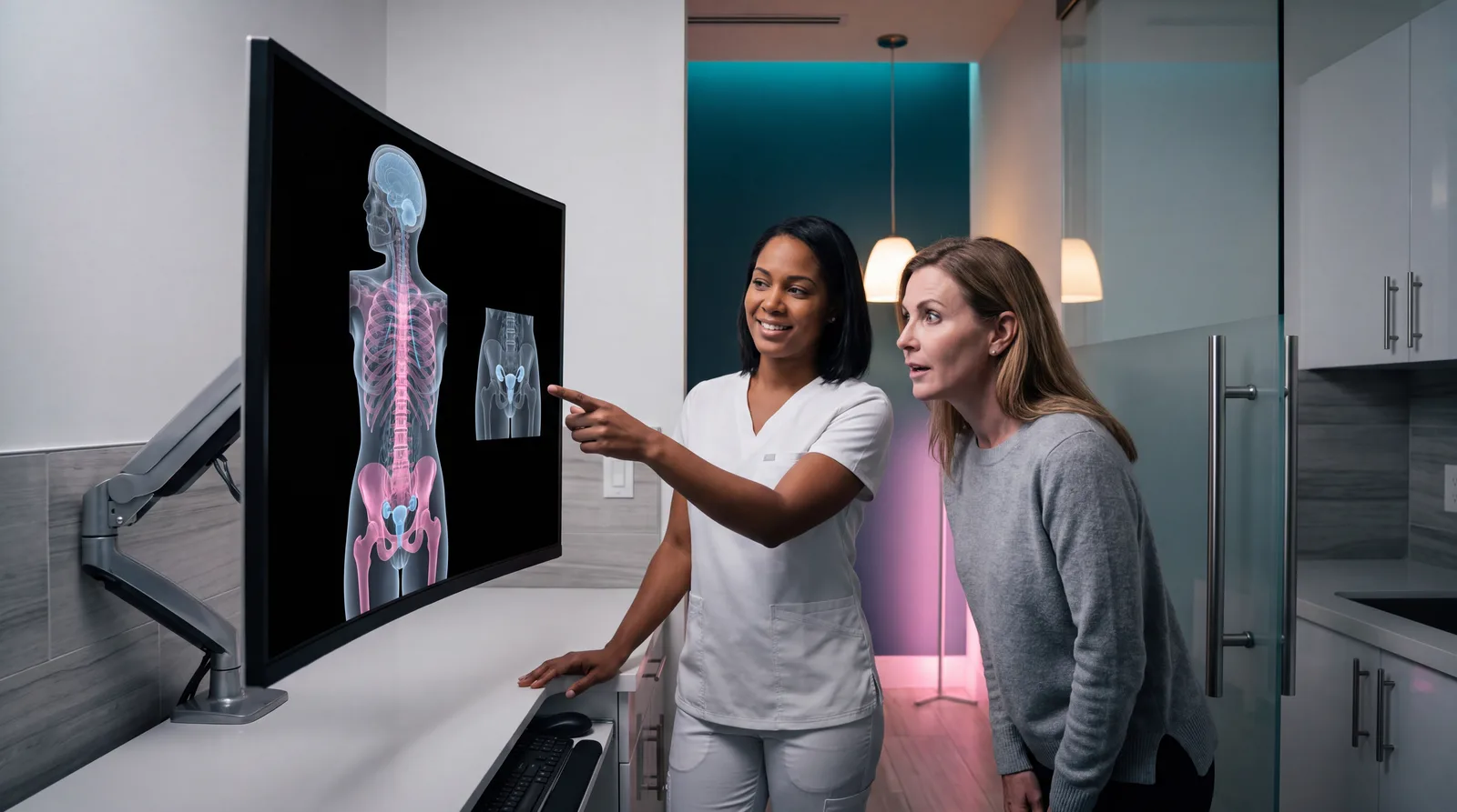 Technologist and patient studying a volumetric female body render on a scan workstation monitor