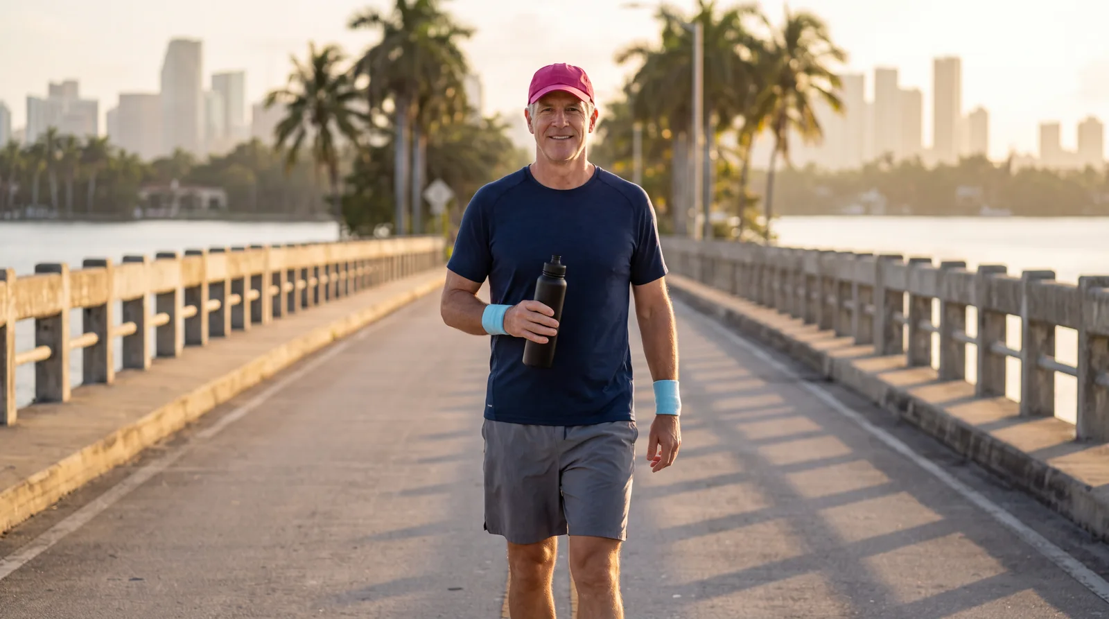 Man in his fifties on a brisk early-morning walk across the Venetian Causeway