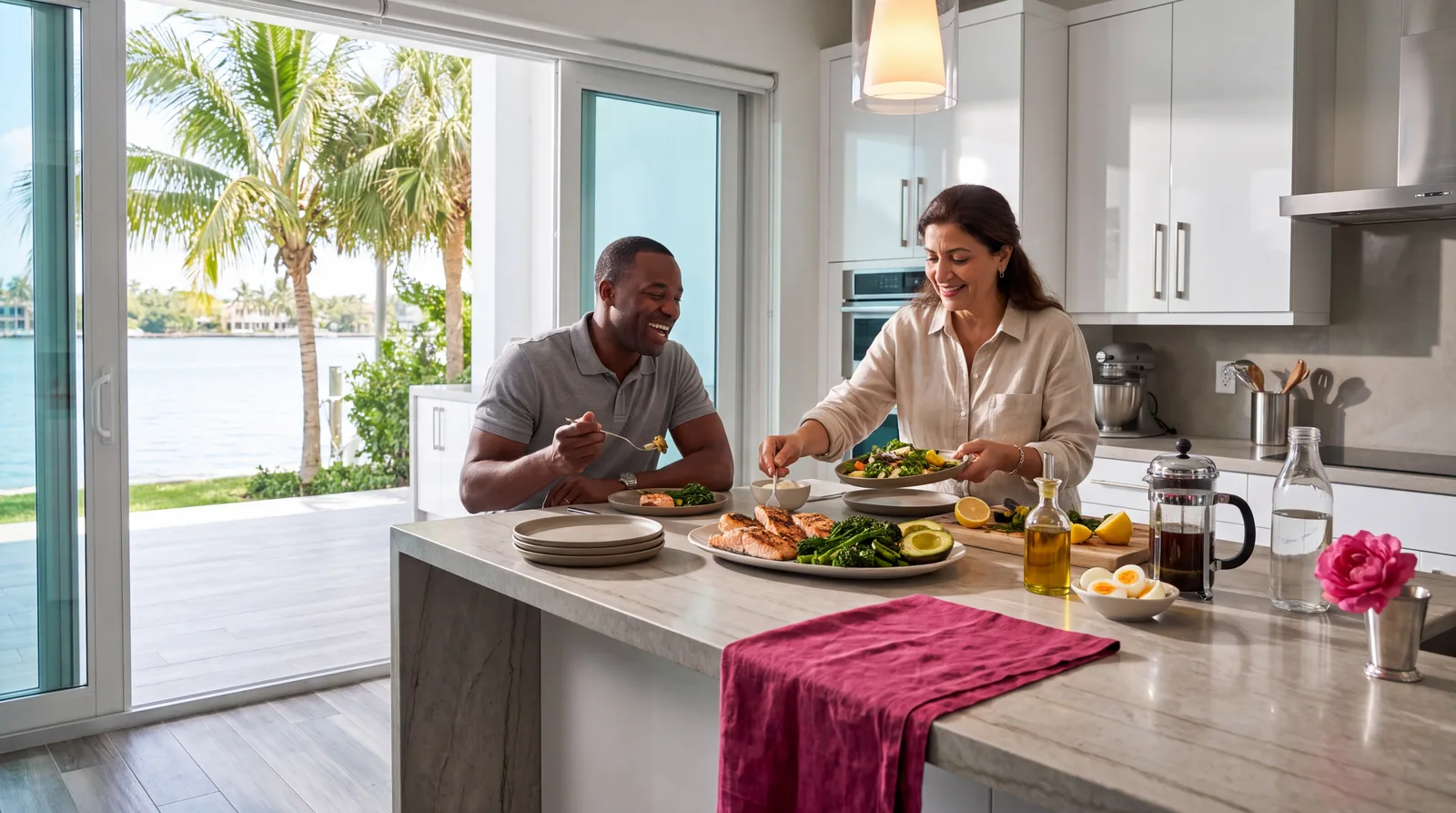 Couple eating a protein-rich lunch of grilled fish and greens at a sunlit Miami kitchen island