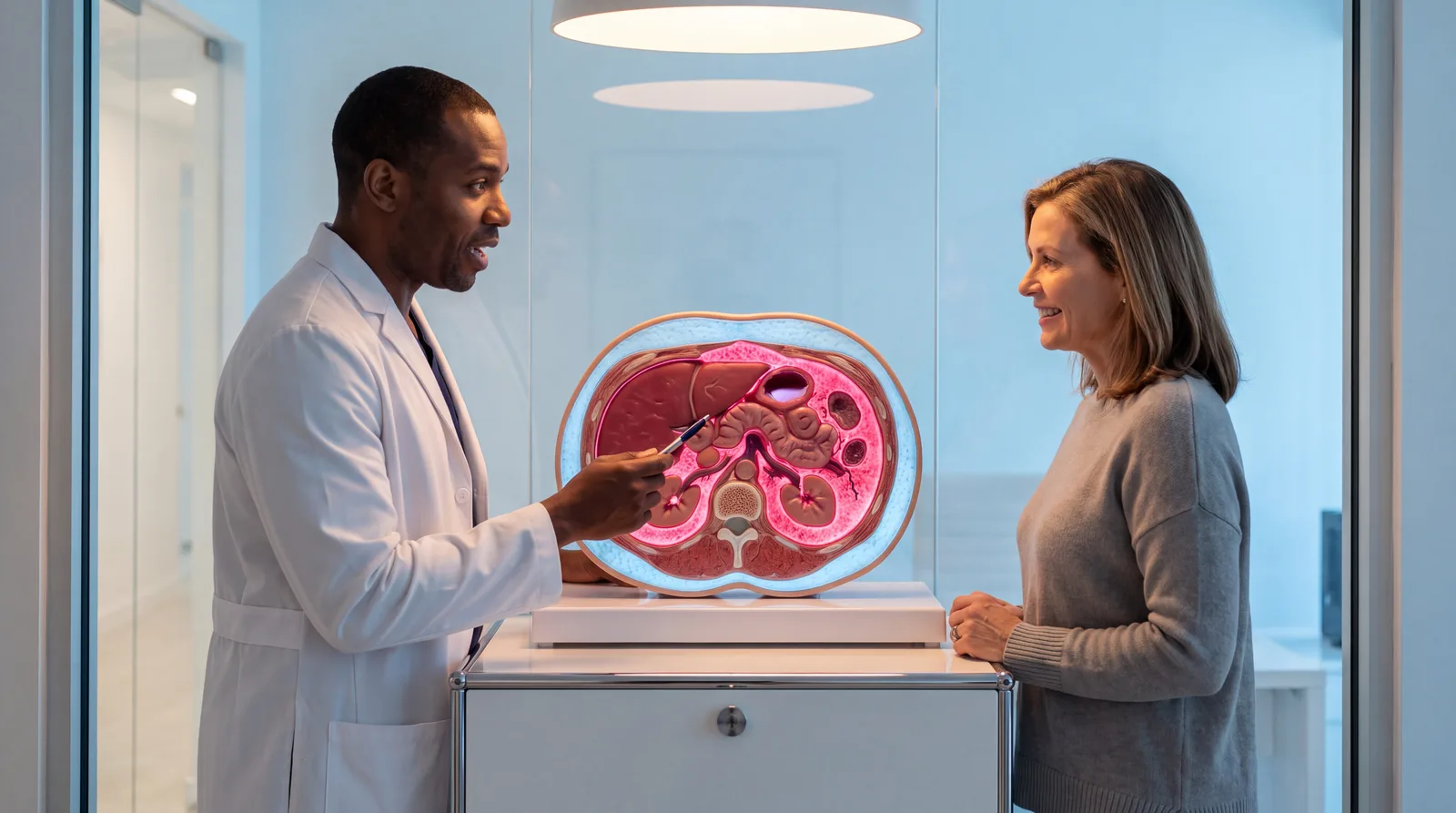 Doctor and patient examine a backlit anatomical cross-section model of the abdomen in a glass-walled clinic room